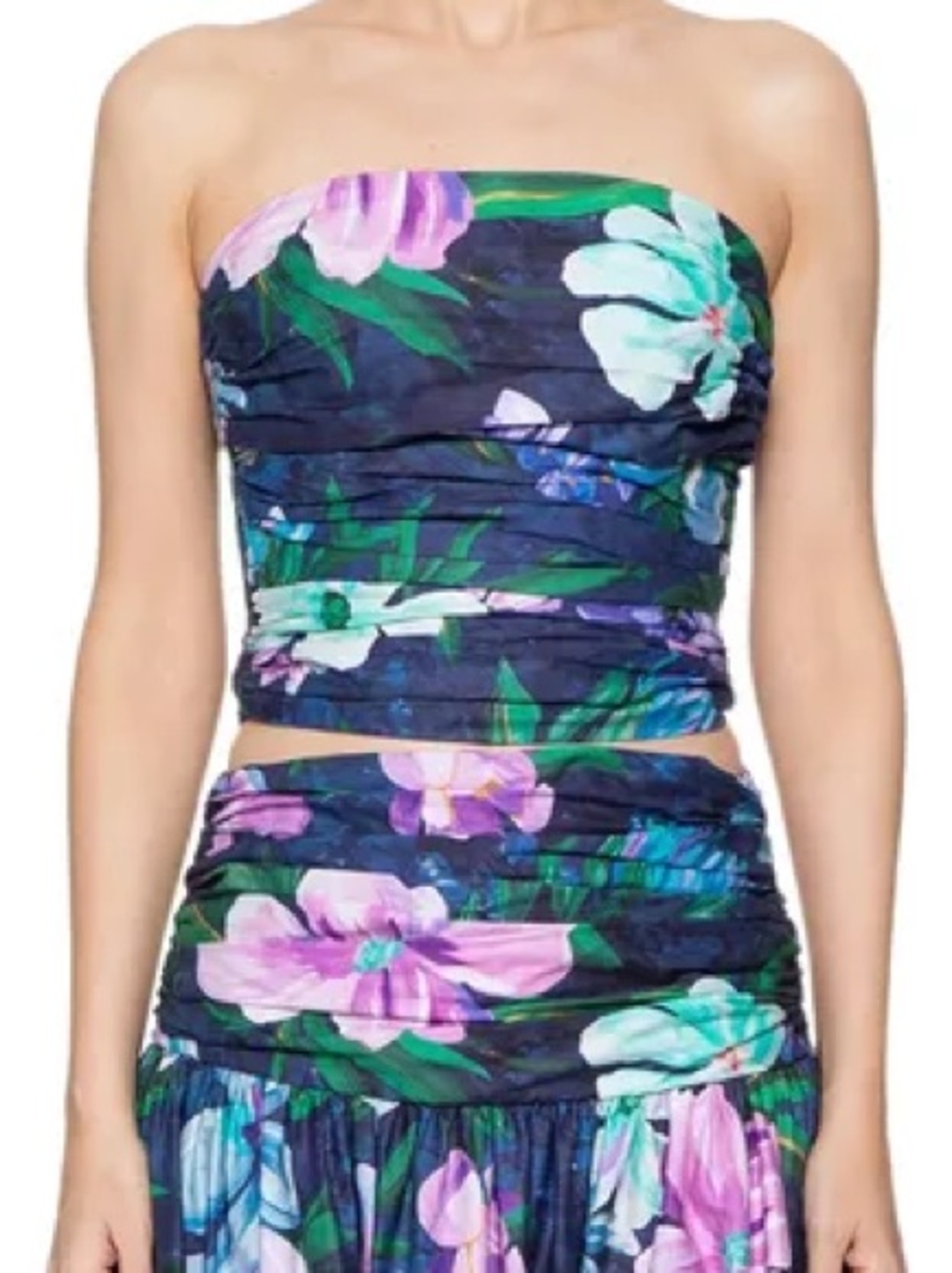 FARM Rio Lineia Navy Floral Strapless Ruched Crop Top